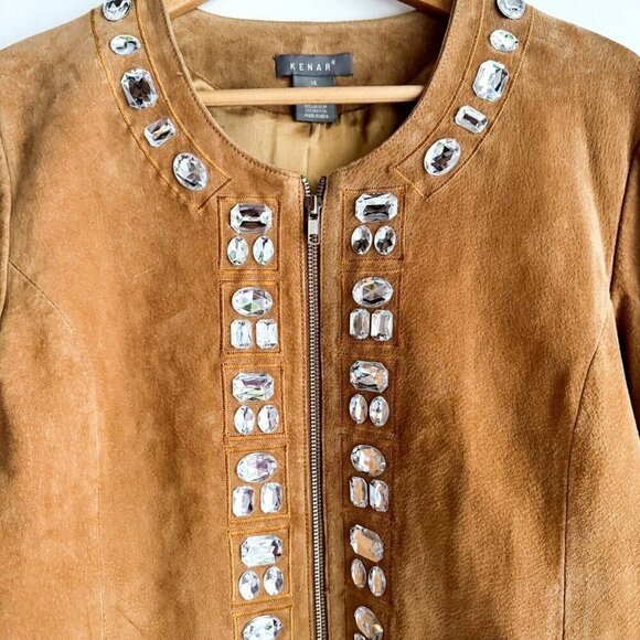 Kenar Camel Beige Suede Large Rhinestone Jacket M - Picture 2 of 9